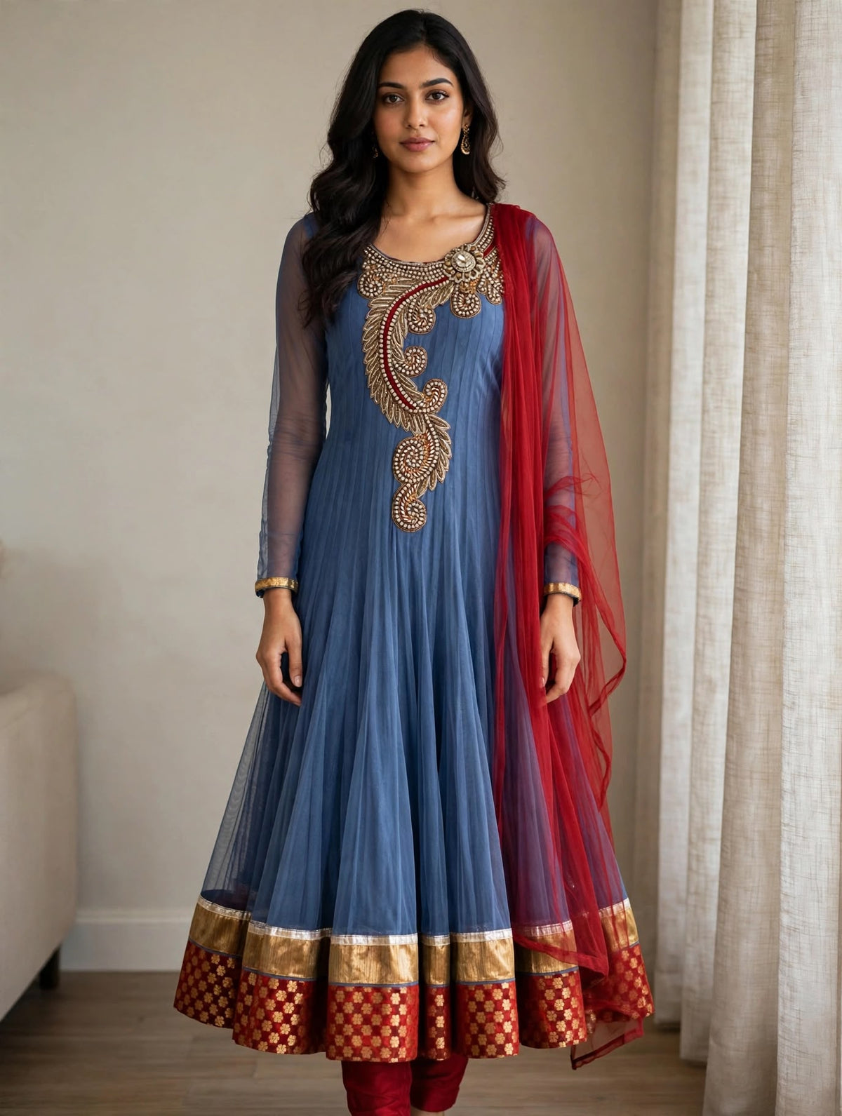 Blue Net Anarkali Three-Piece Suit with Embroidered Yoke