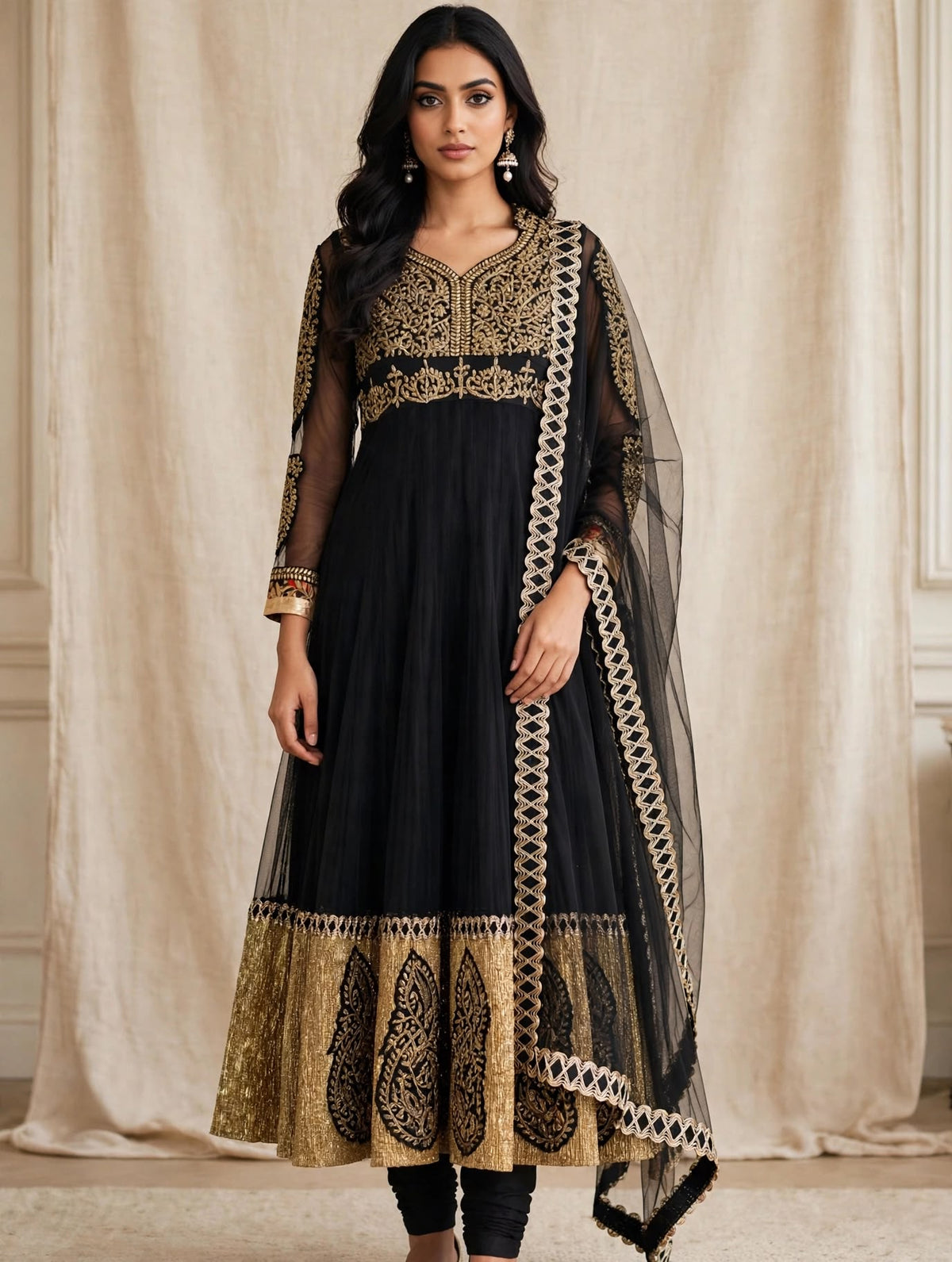 Black Net Anarkali Three-Piece Suit with Heavy Golden Border