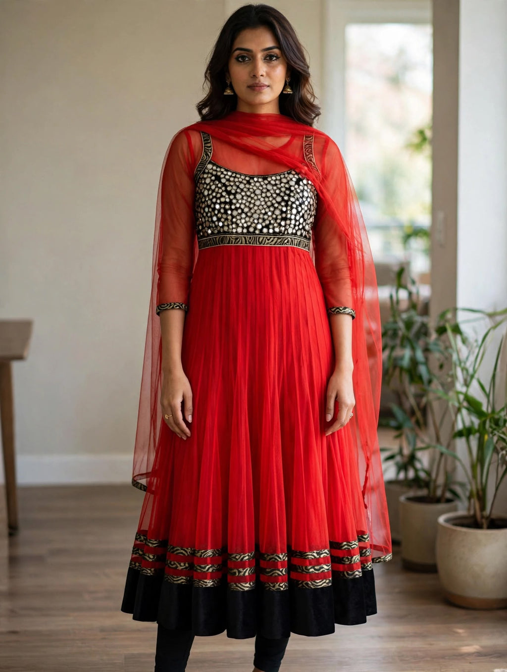 Red Net Anarkali Suit with mirror work and Black-Gold Trim