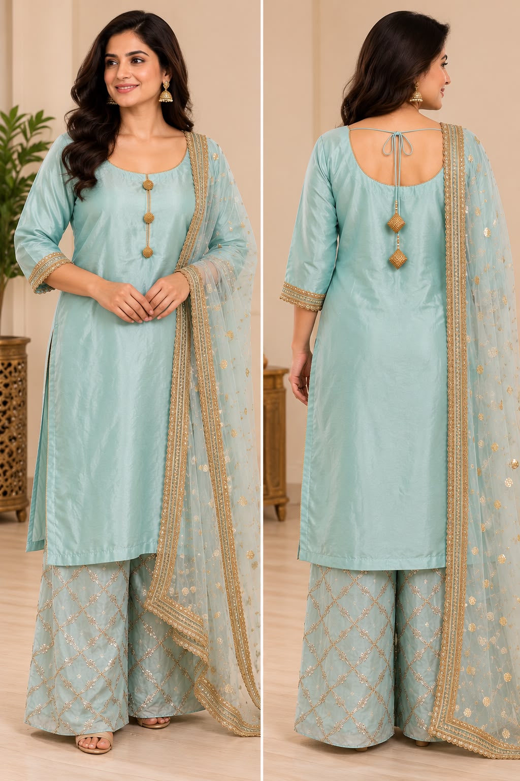 Elegant Aqua Blue Silk Three-Piece Suit with Embroidered Palazzo &amp; Dupatta