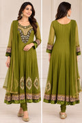 Elegant Olive Green Embroidered Net Anarkali Suit with Velvet Trim