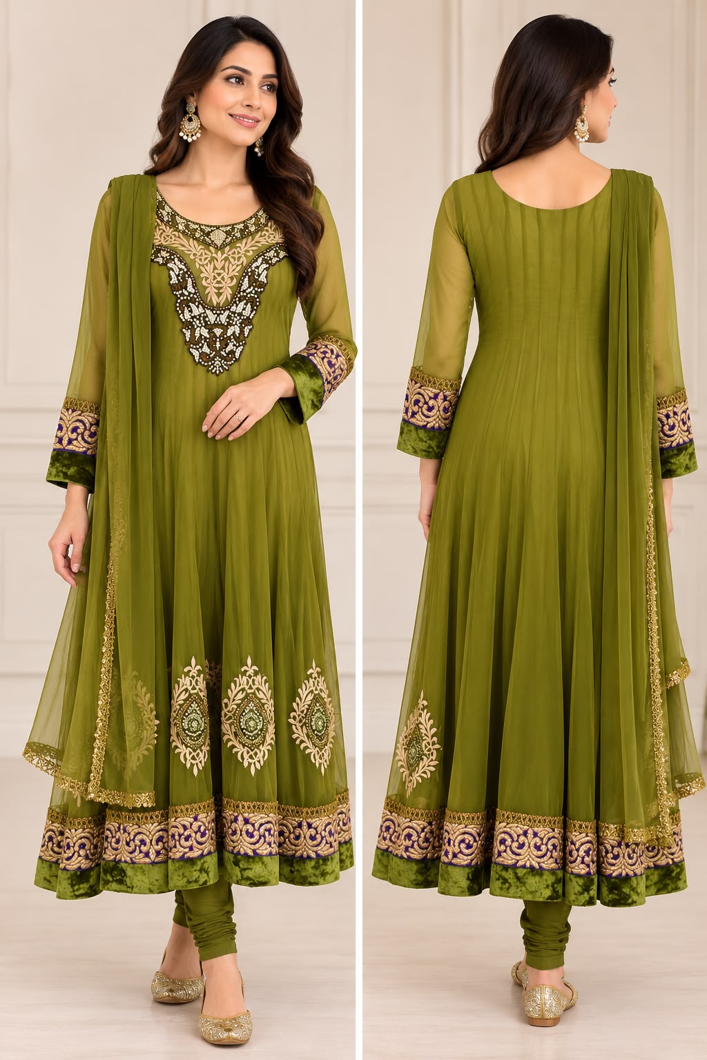 Elegant Olive Green Embroidered Net Anarkali Suit with Velvet Trim