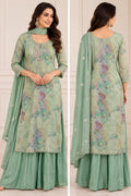 Elegant Sage Green Printed Kurta with Attached Flared Skirt &amp; Dupatta