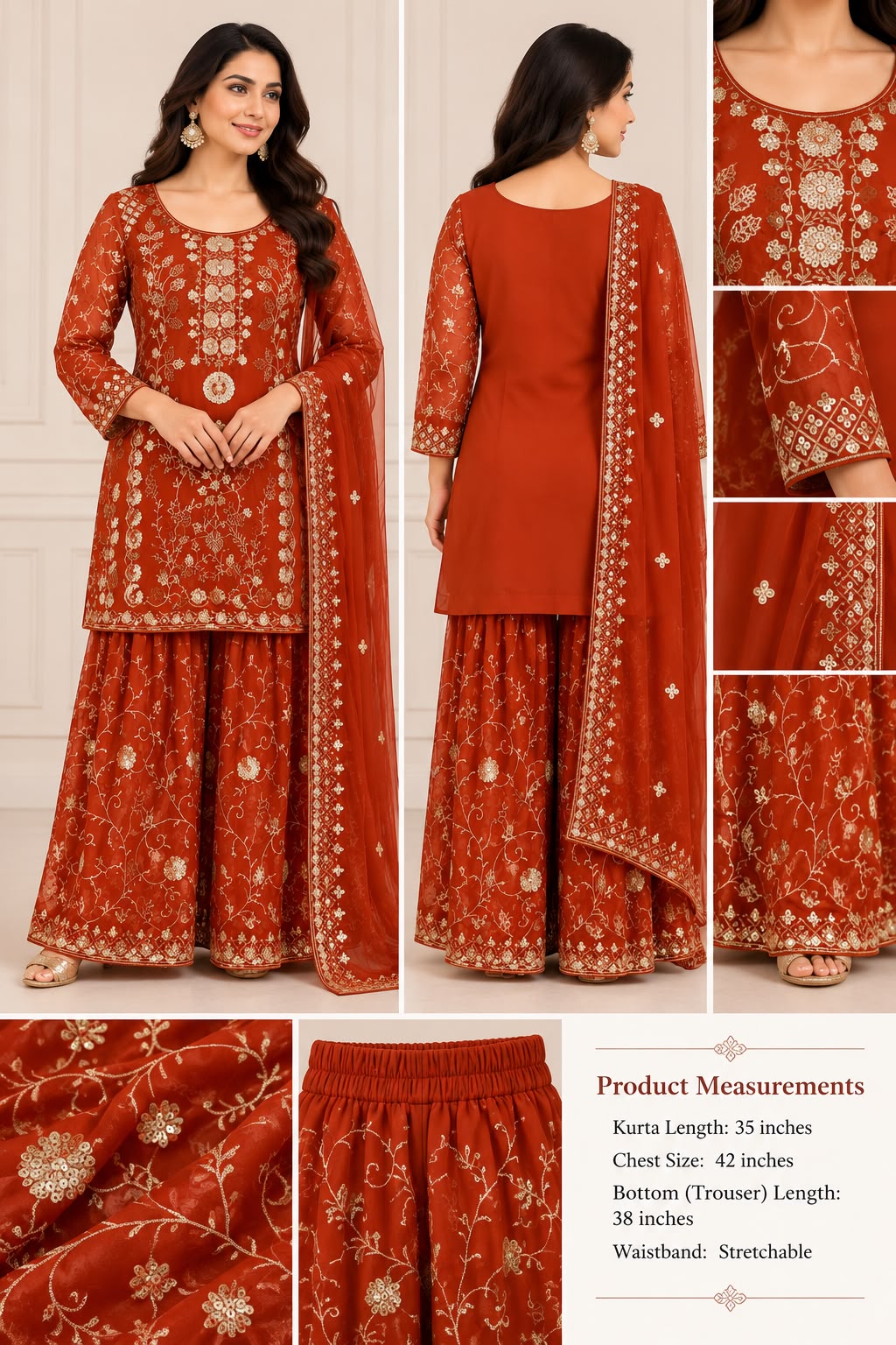 Elegant Rust Orange Chiffon Embroidered Sharara Suit – 3 Piece Set