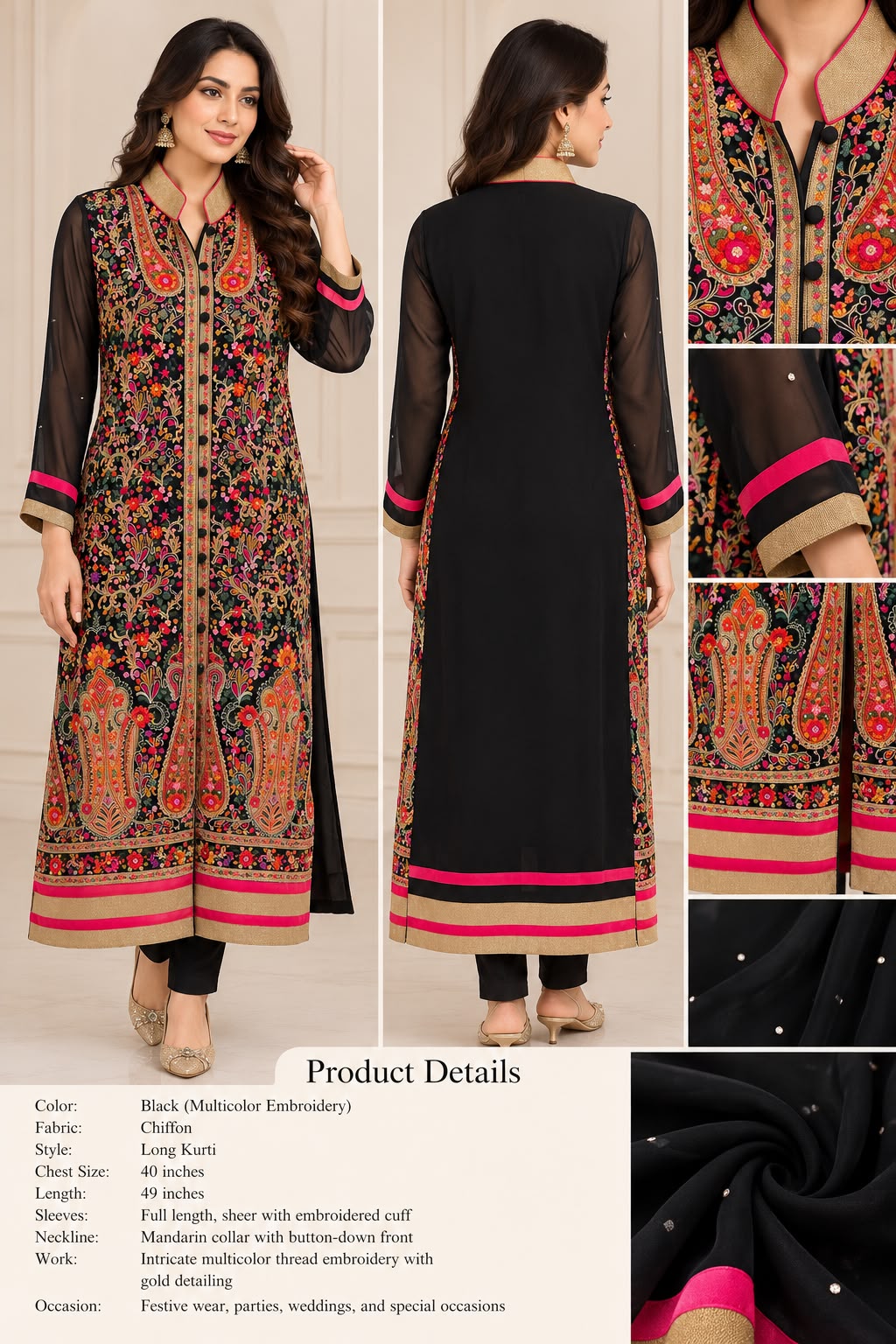 Elegant Black Chiffon Kurti with Multicolor Floral Embroidery
