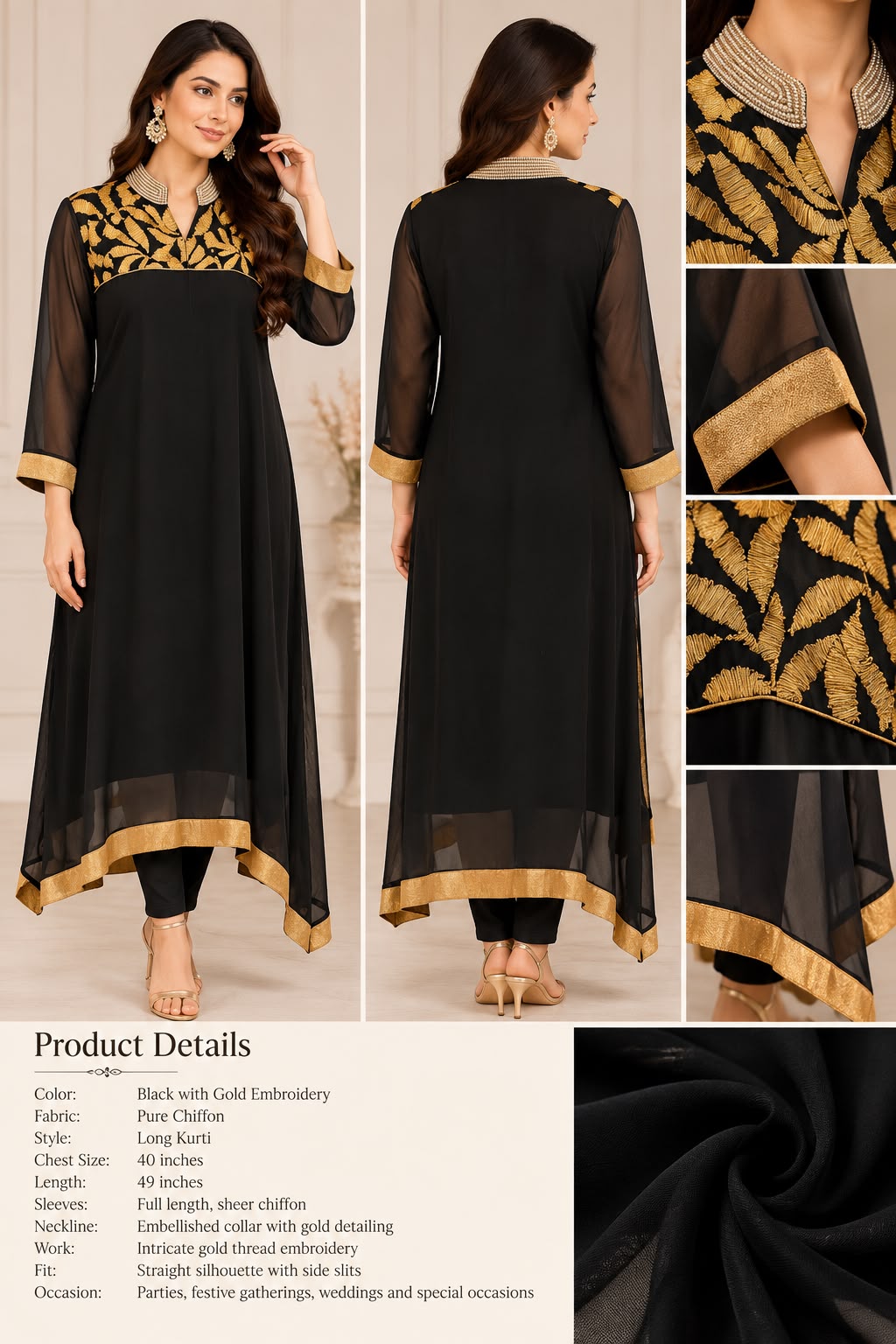 Elegant Black Pure Chiffon High-Low Kurti with Gold Embroidery