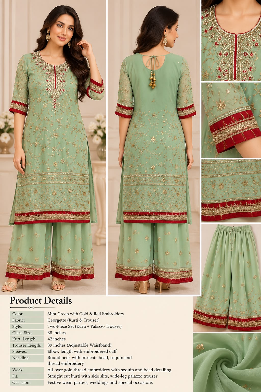 Elegant Mint Green Georgette Embroidered Kurti &amp; Palazzo Set – 2 Piece