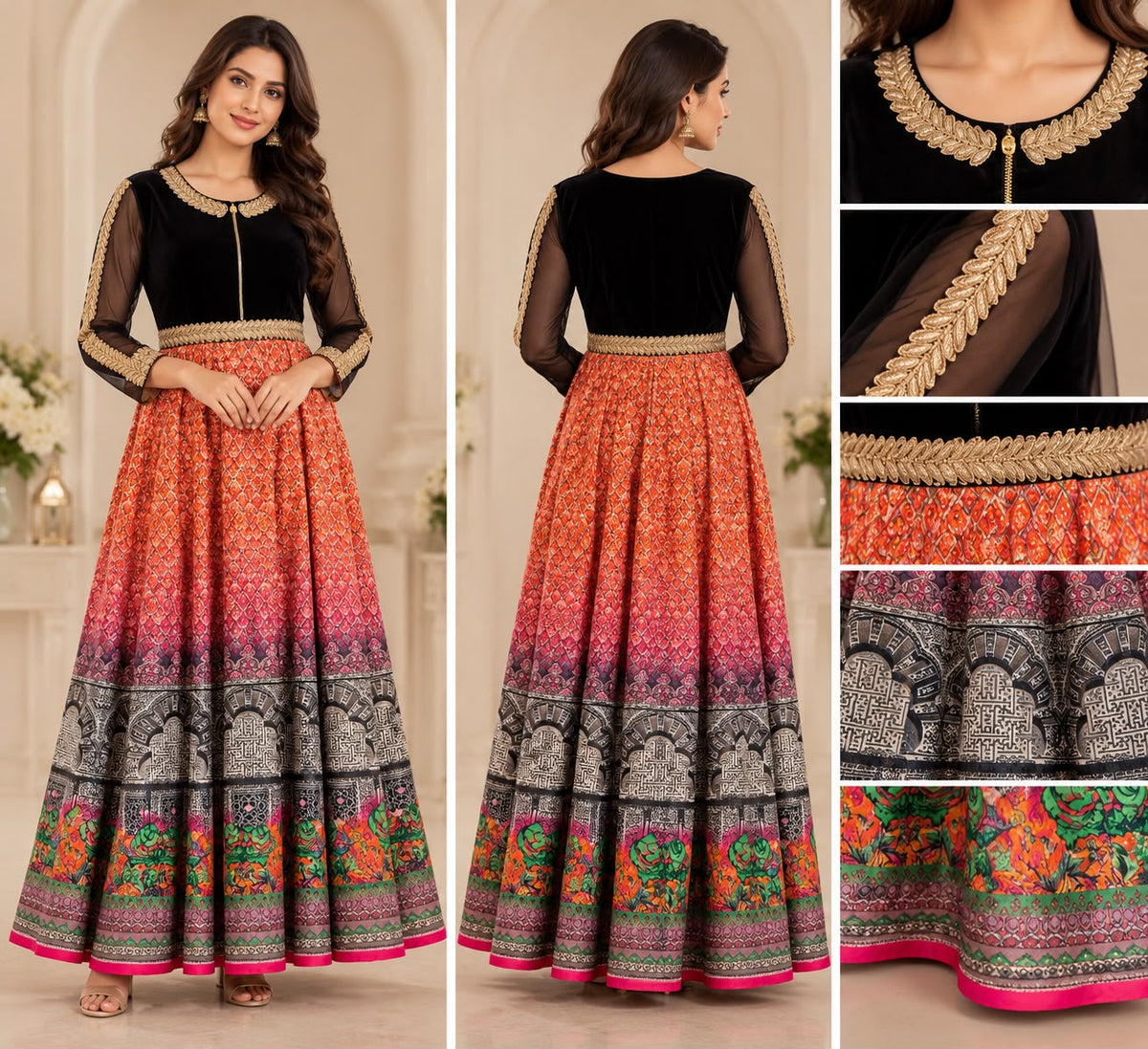 Elegant Black Velvet & Multicolor Anarkali Gown with Gold Detailing