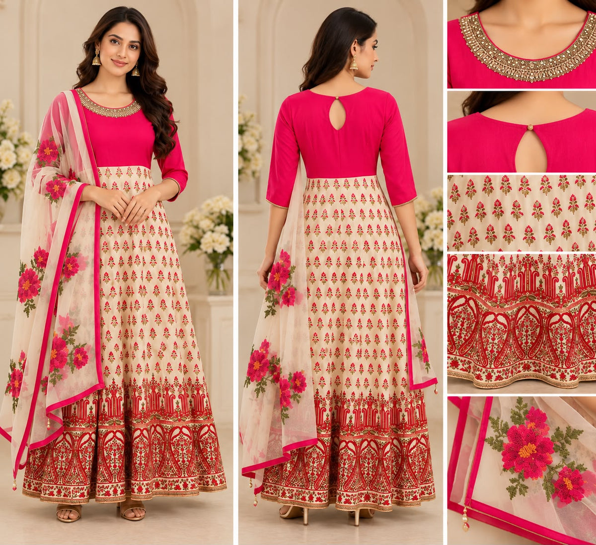 Elegant Pink & Ivory Floral Anarkali Dress with Embroidered Dupatta – Two-Piece Set