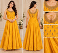Elegant Mustard Yellow silk Anarkali Gown with Gold Embroidery