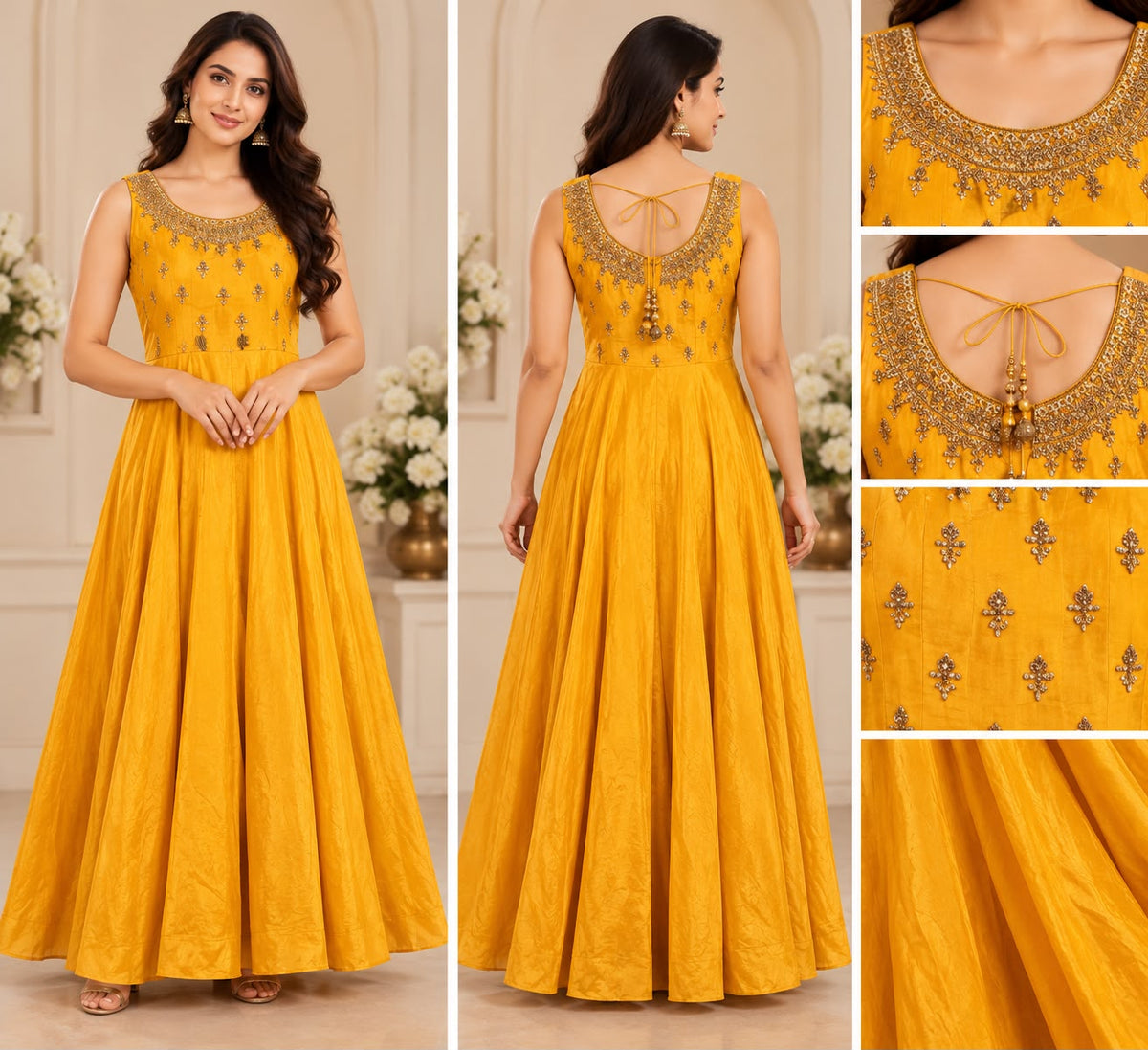 Elegant Mustard Yellow silk Anarkali Gown with Gold Embroidery