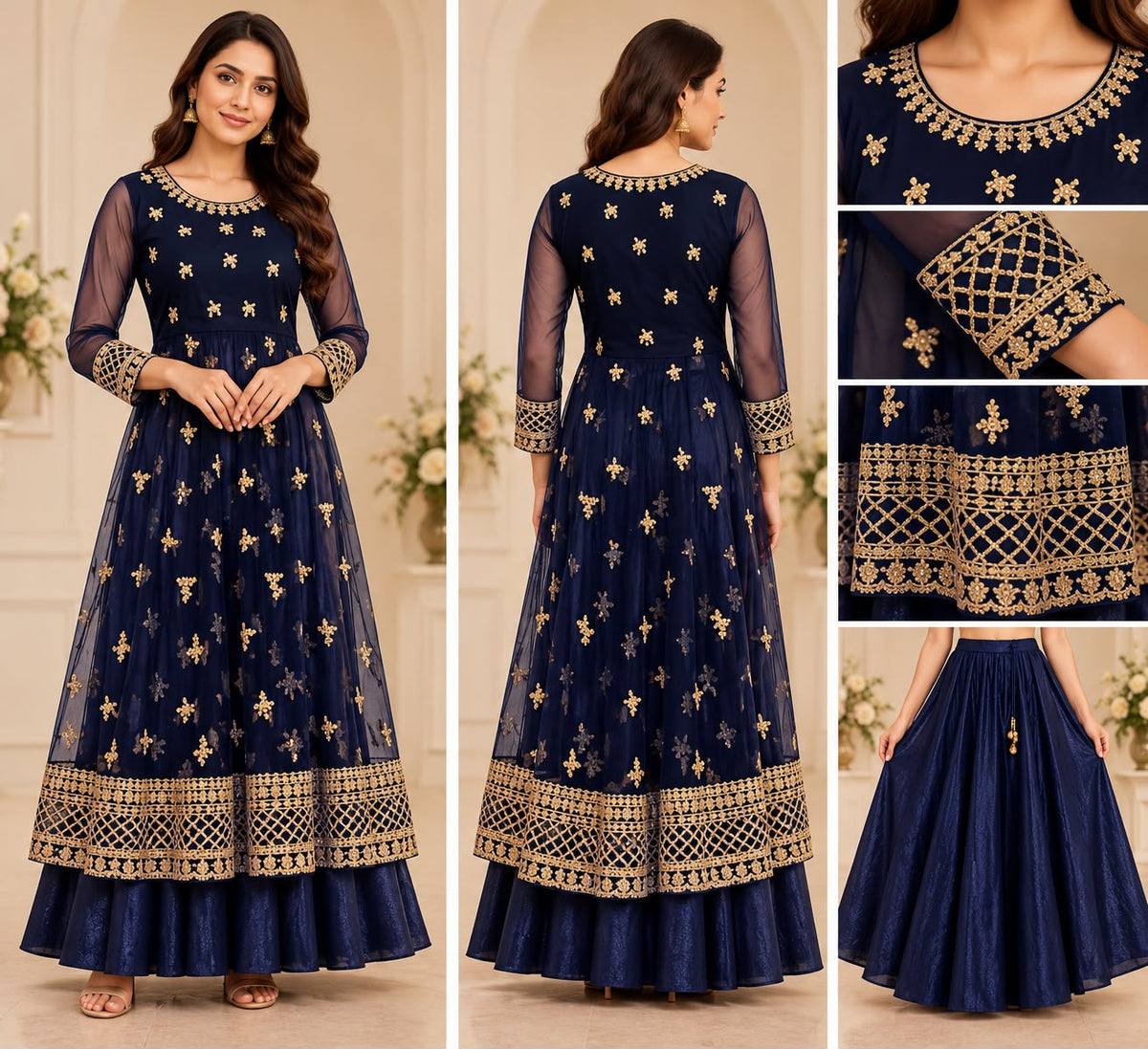 Navy Blue & Gold Embroidered Two-Piece Set