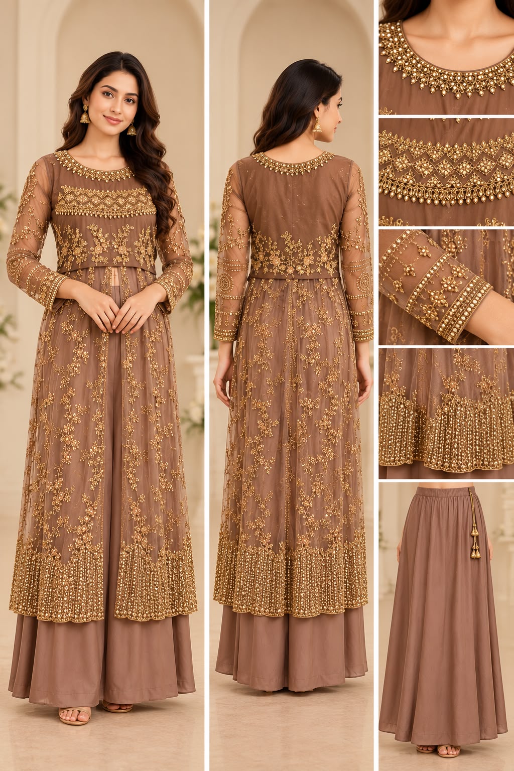 Elegant Taupe Brown & Gold Embroidered Two-Piece Set