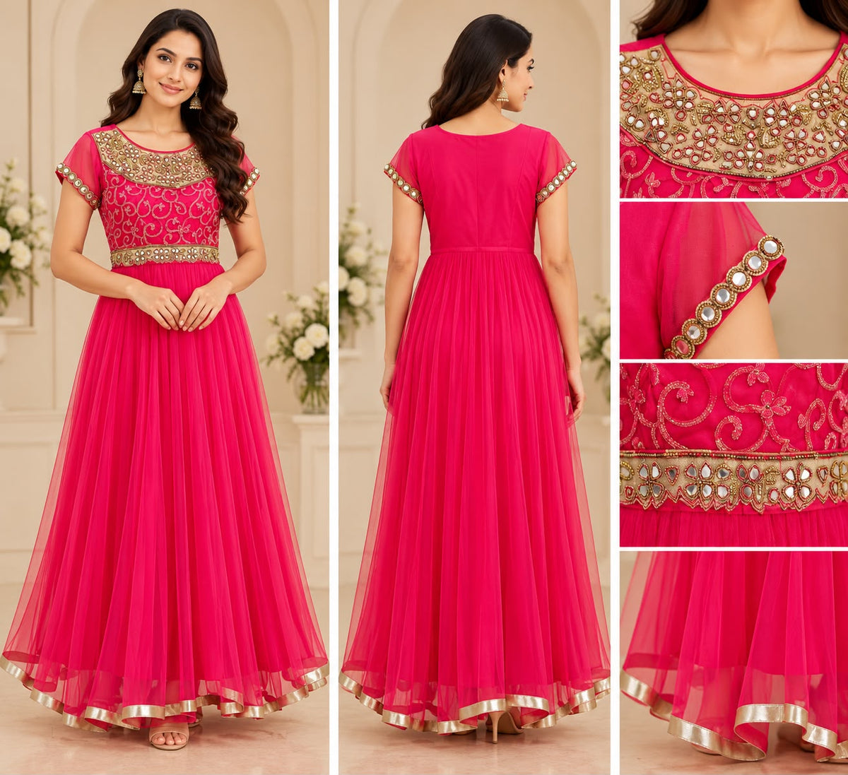 Bright Pink Anarkali Gown with Gold Embellishments
