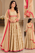 Champagne Gold Silk Anarkali with Sheer Net Sleeves & Pink Embroidered Accents