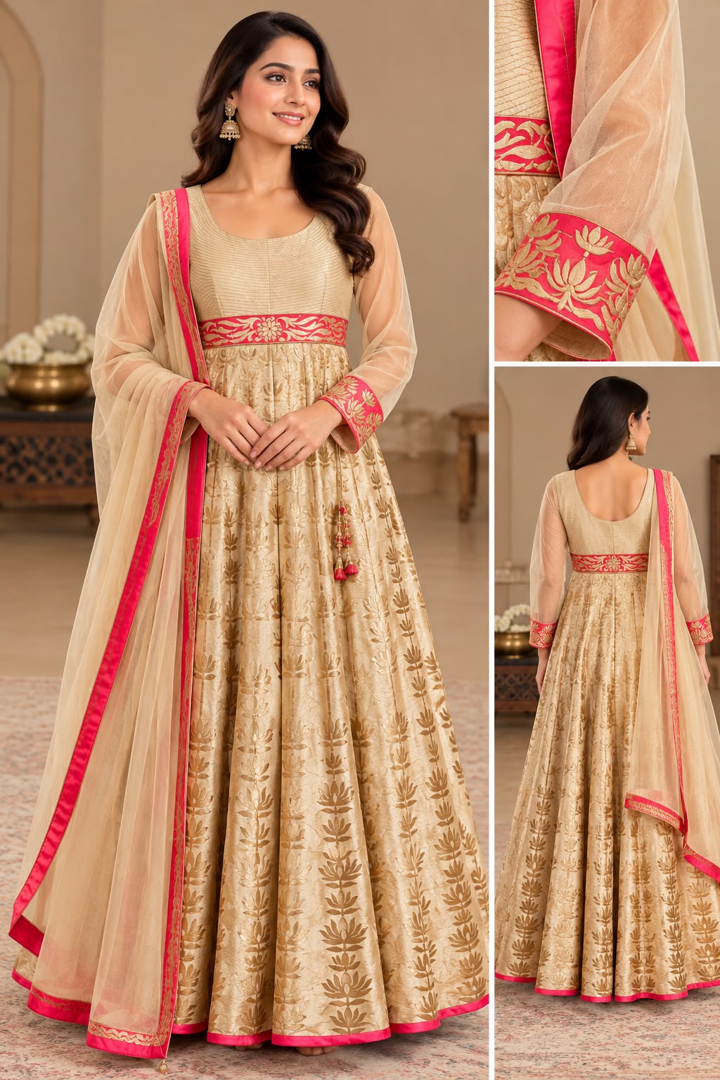 Champagne Gold Silk Anarkali with Sheer Net Sleeves & Pink Embroidered Accents