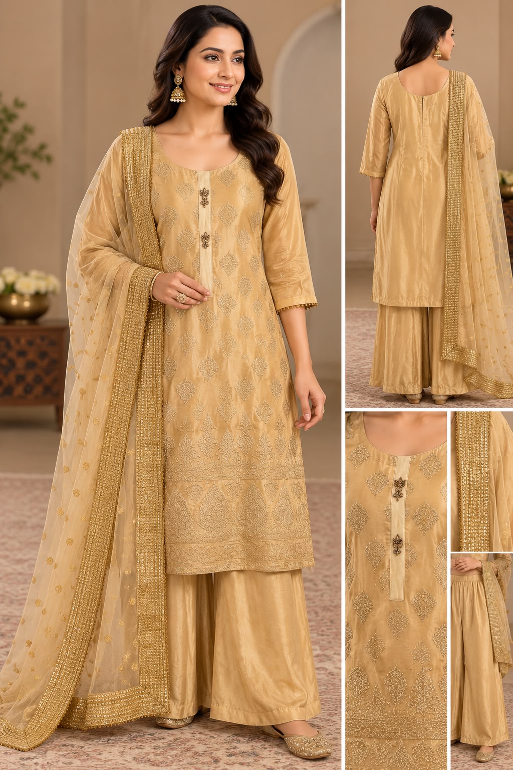 Elegant Champagne Gold Silk Three-Piece Suit with Embroidered Dupatta