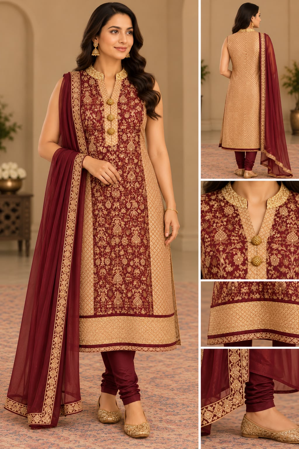 Elegant Maroon and Gold Silk Brocade Three-Piece Churidar Suit