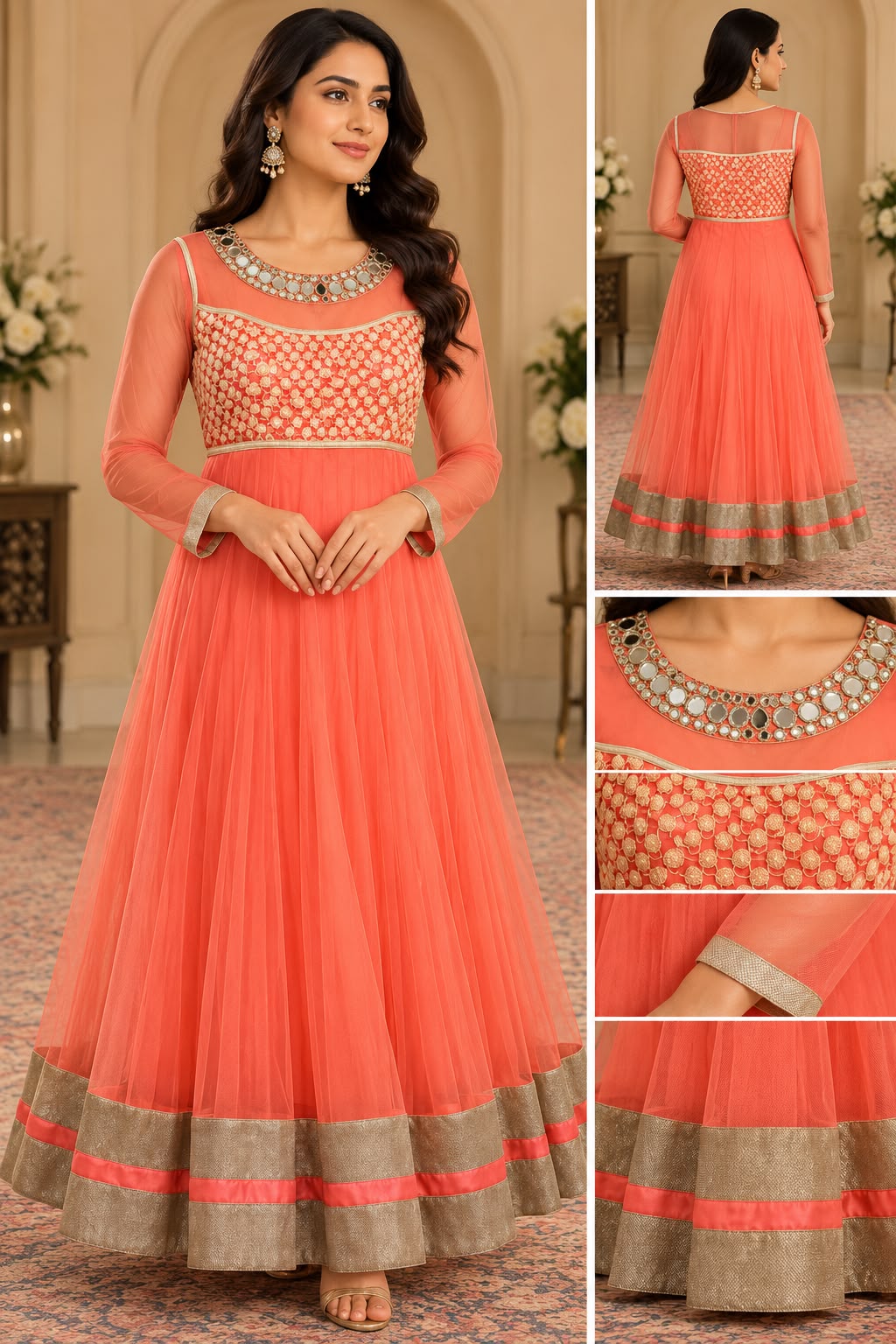 Elegant Coral Peach Net Anarkali with Mirror Work &amp; Gold Accents