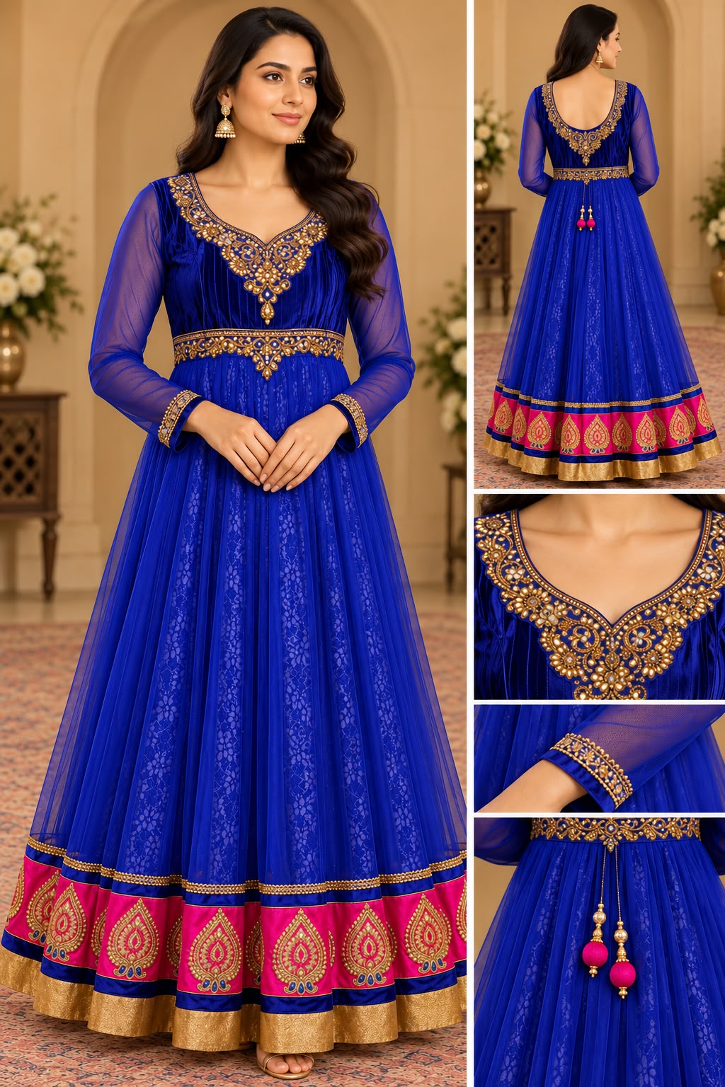 Elegant Deep Blue Net Anarkali with Mirror Work and Gold Accents