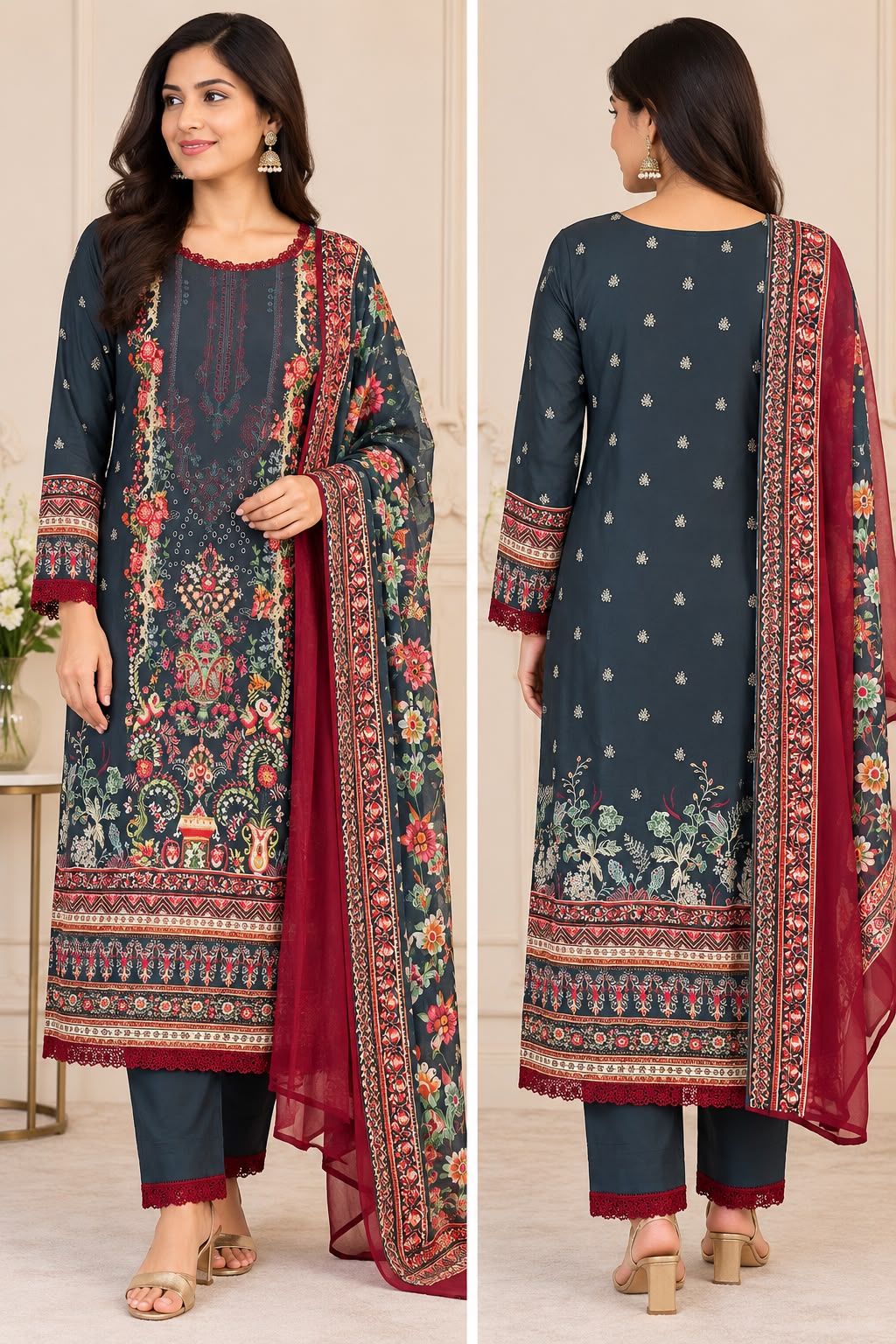 Elegant Dark Grey Floral Cotton Silk Blend Three-Piece Suit