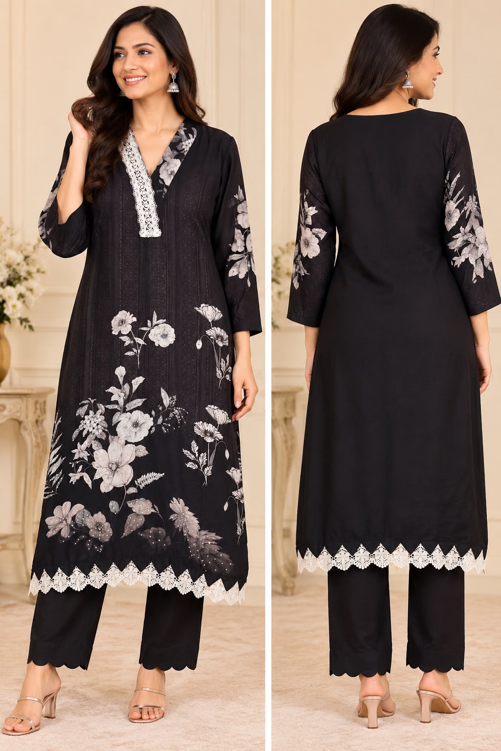 Elegant Black Floral Two-Piece Kurta and Pant Set with Lace Detailing