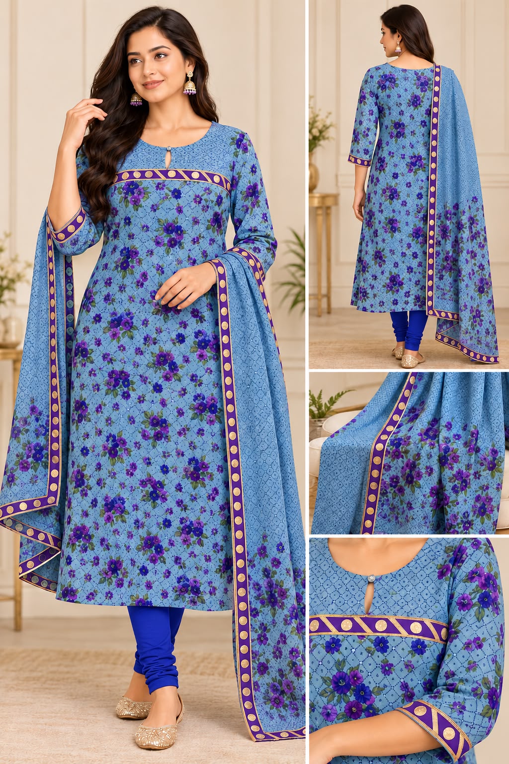 Elegant Blue and Purple Floral Crepe Three-Piece Churidar Suit