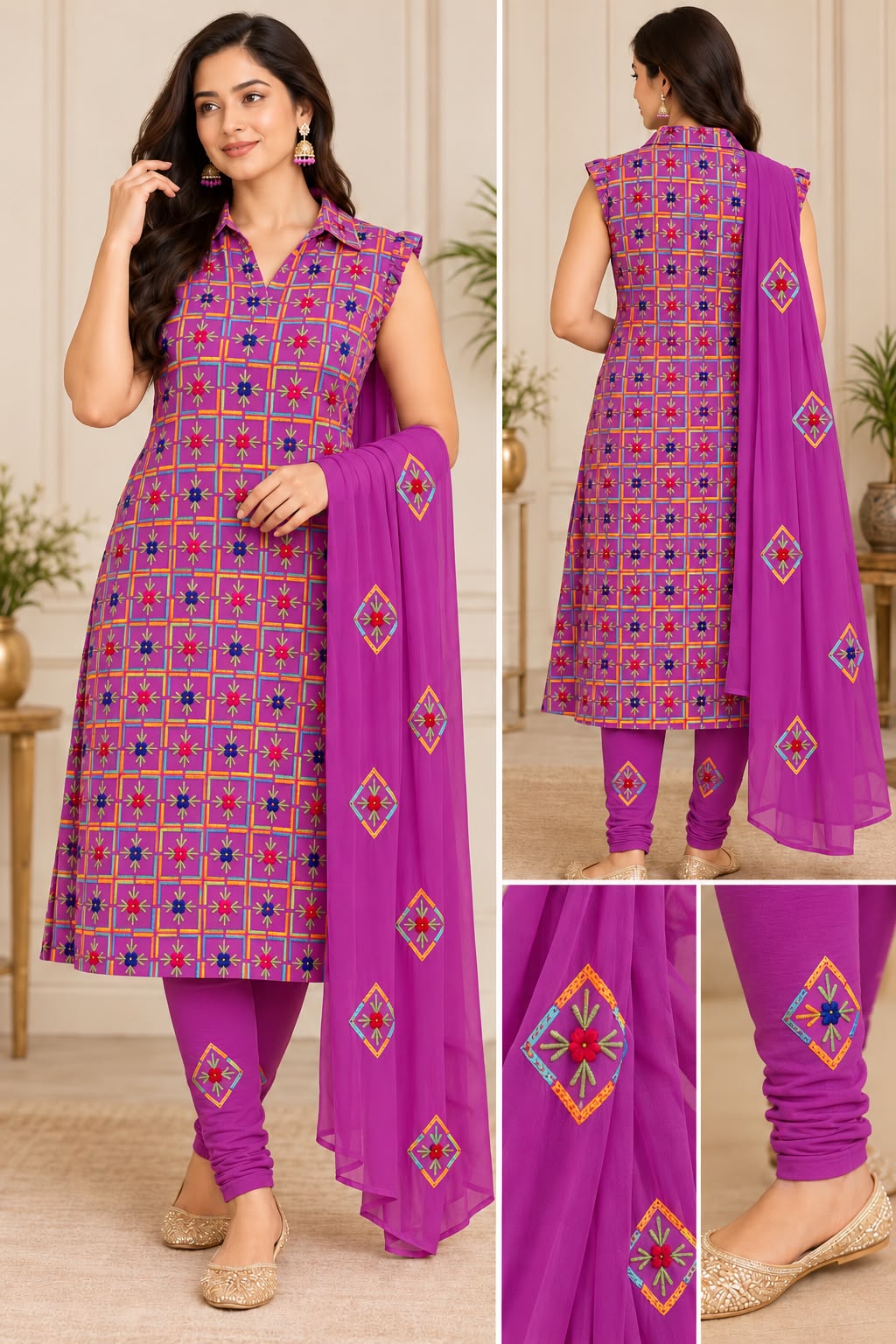Elegant Purple Georgette Phulkari Embroidered Three-Piece Churidar Suit