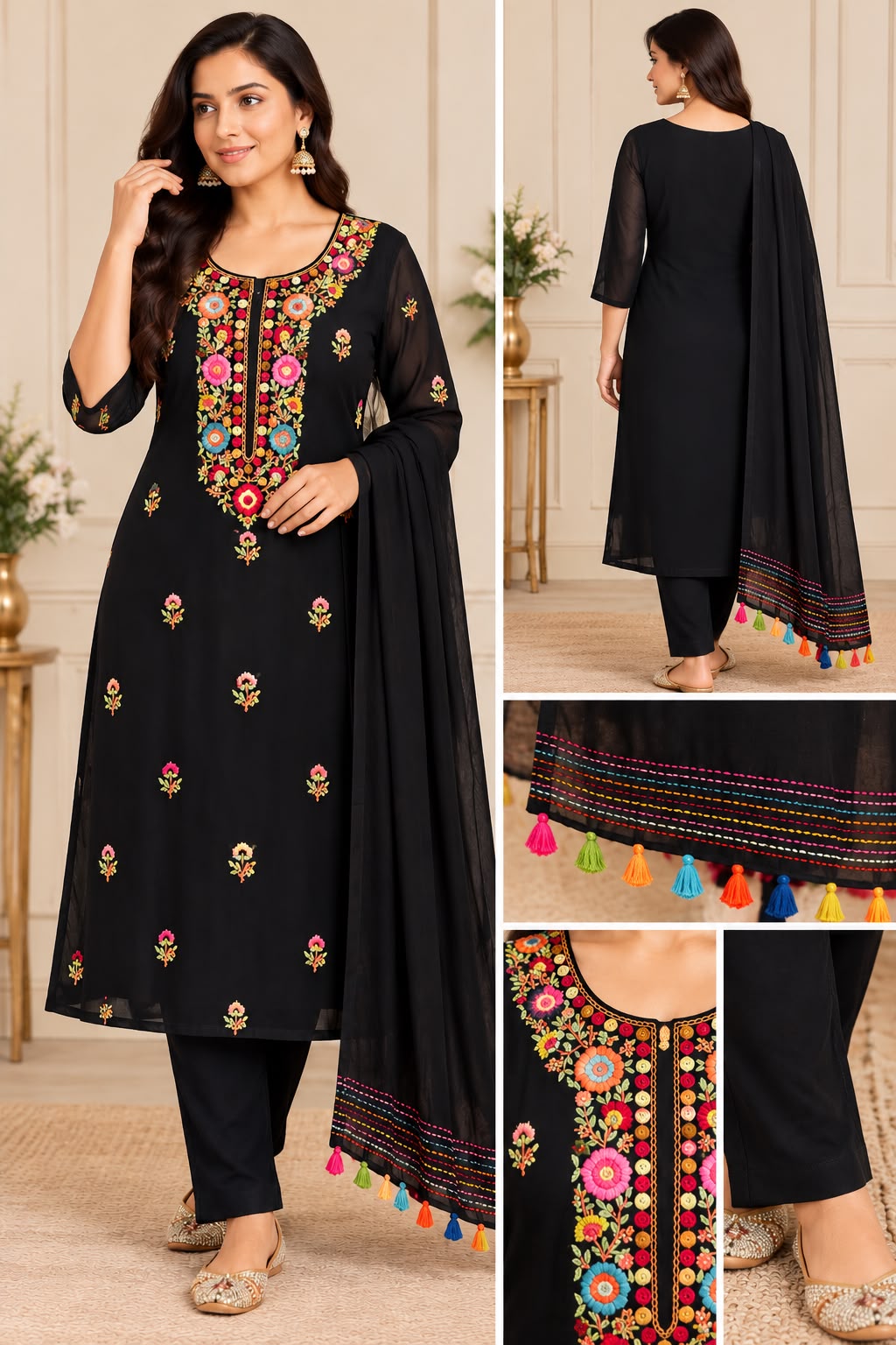 Elegant Black Georgette Three-Piece Suit with Multicolored Floral Embroidery