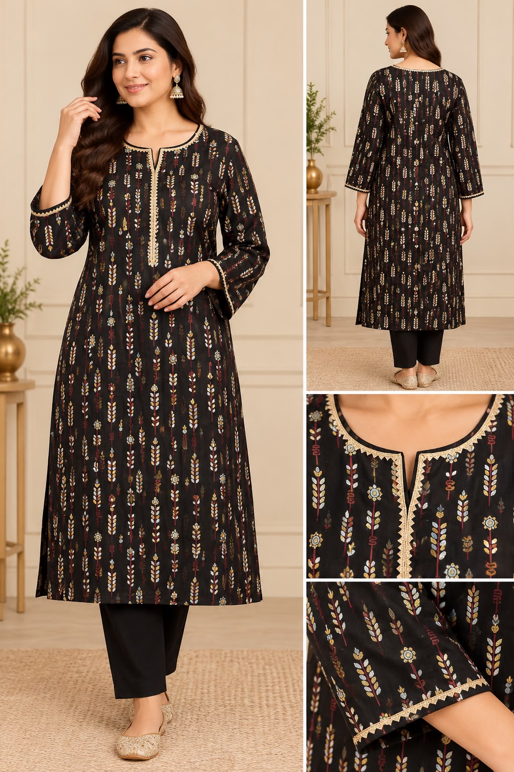 Elegant Black Printed Two-Piece Kurta Pant Set with Gold Trim