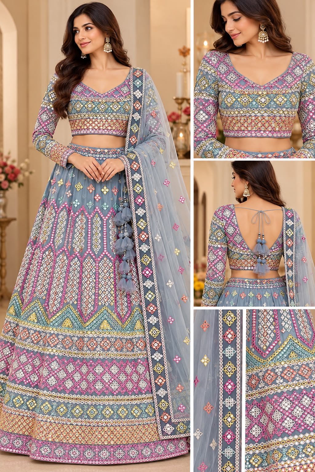 Dusty Blue Multicolor Foil &amp; Mirror Work Embroidered Lehenga Set – 3 Piece