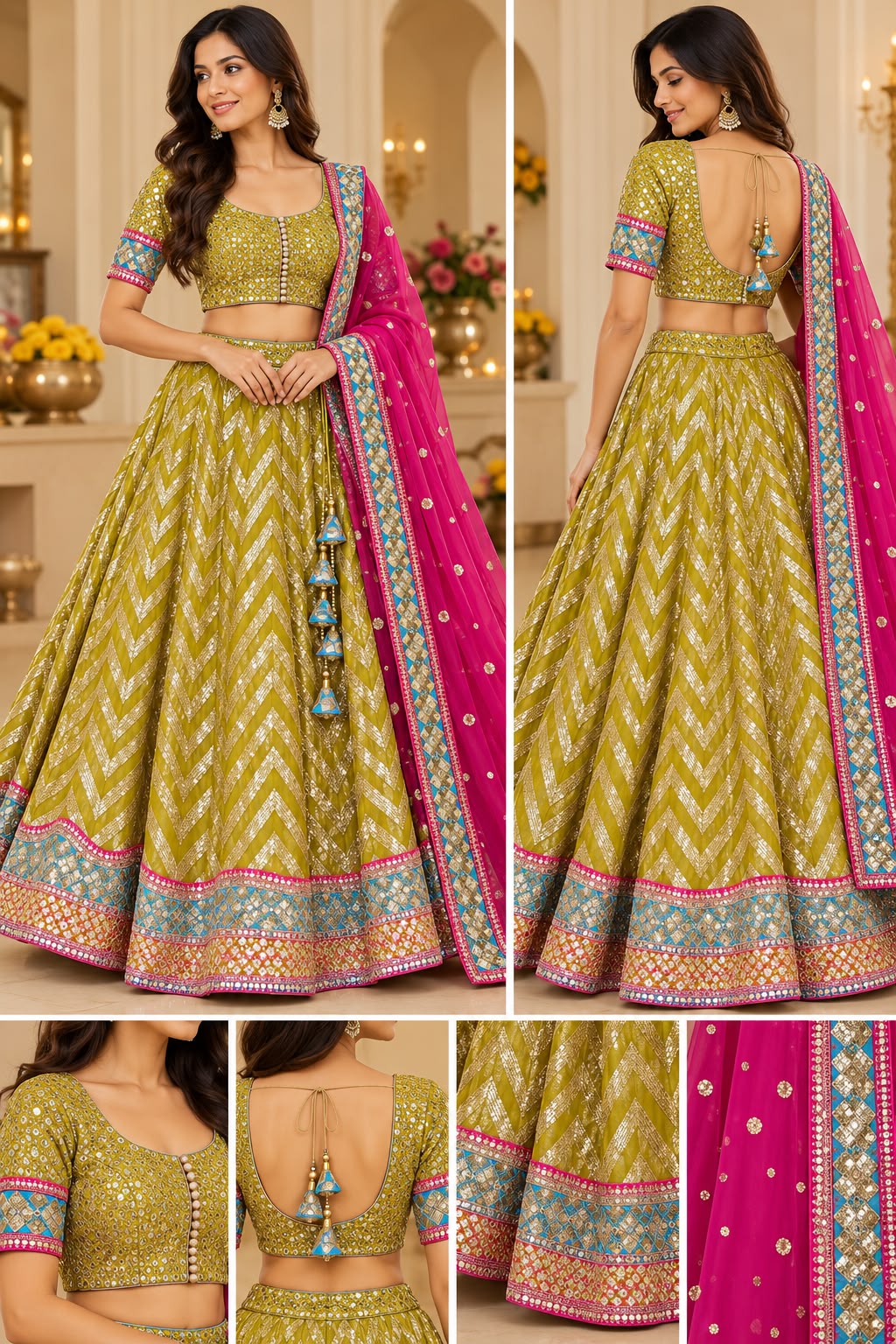 Greenish yellow and Gold Sequined Lehenga with Contrasting Rani Pink Dupatta – 3 Piece Set