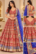 Royal Red and Gold Heavily Sequined Bridal Lehenga with Royal Blue Dupatta – 3 Piece Set