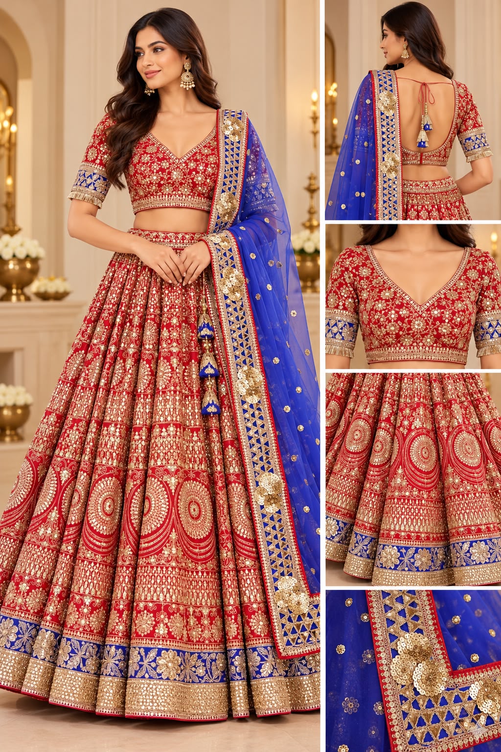 Royal Red and Gold Heavily Sequined Bridal Lehenga with Royal Blue Dupatta – 3 Piece Set