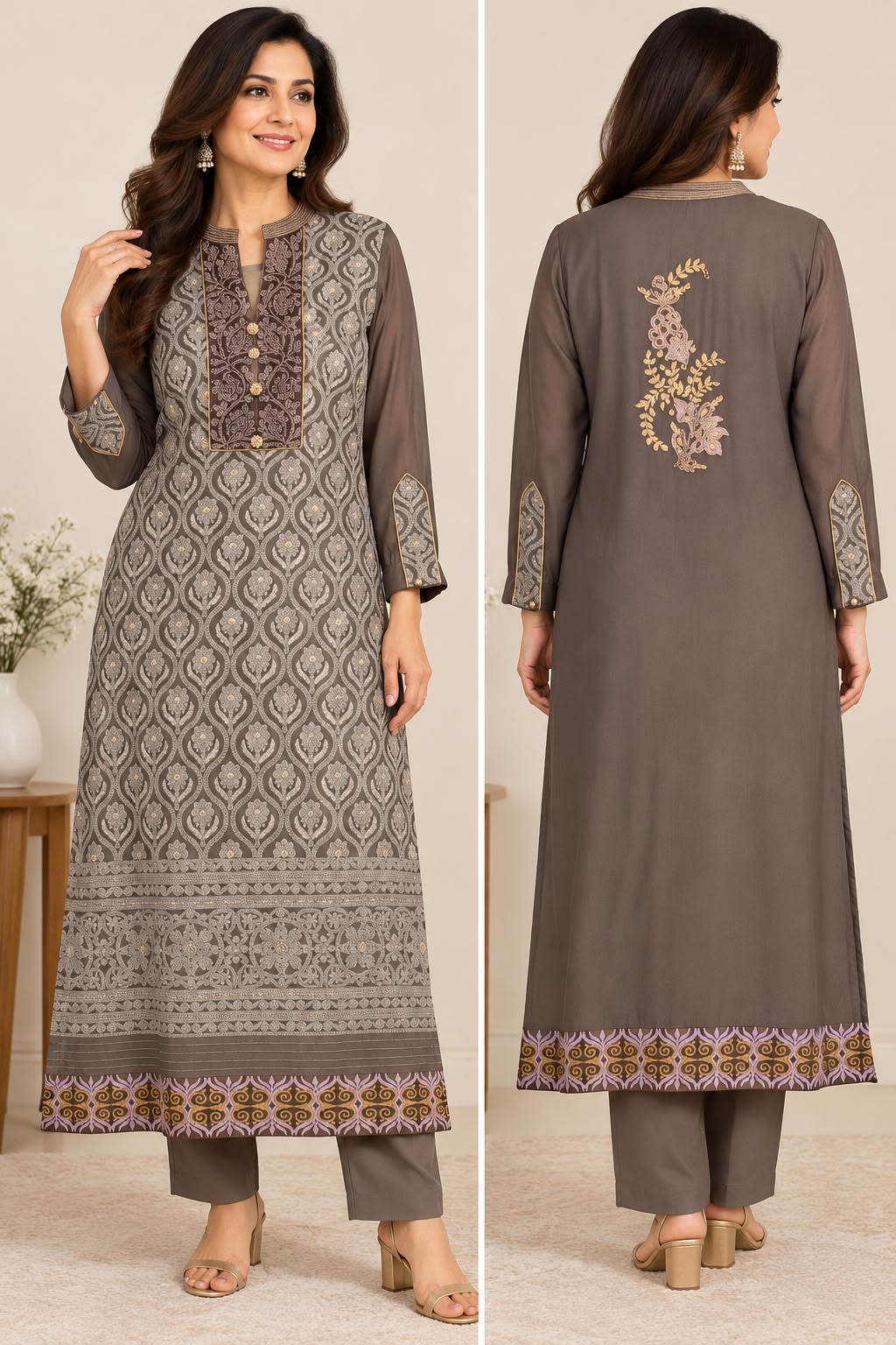 Taupe Grey Chikankari-style Embroidered Kurti.