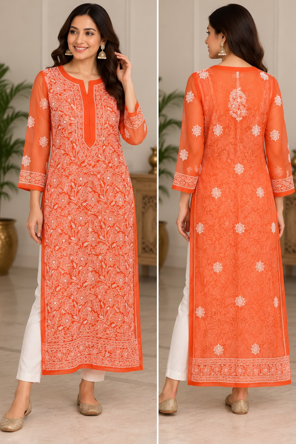 Elegant Orange Chikankari Embroidered Kurti