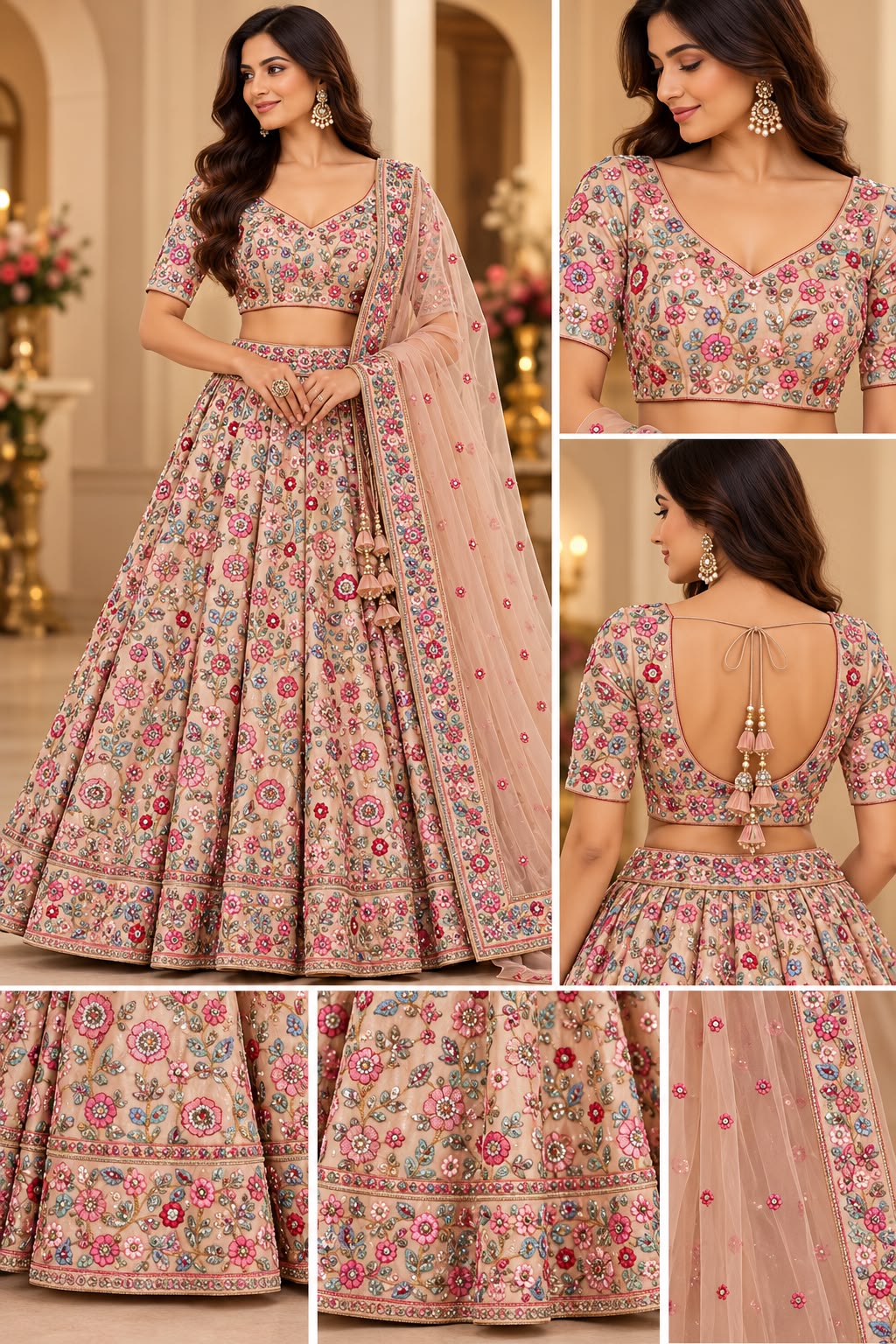 Elegant Beige Silk Lehenga with Multicolor Floral Embroidery &amp; Sequins