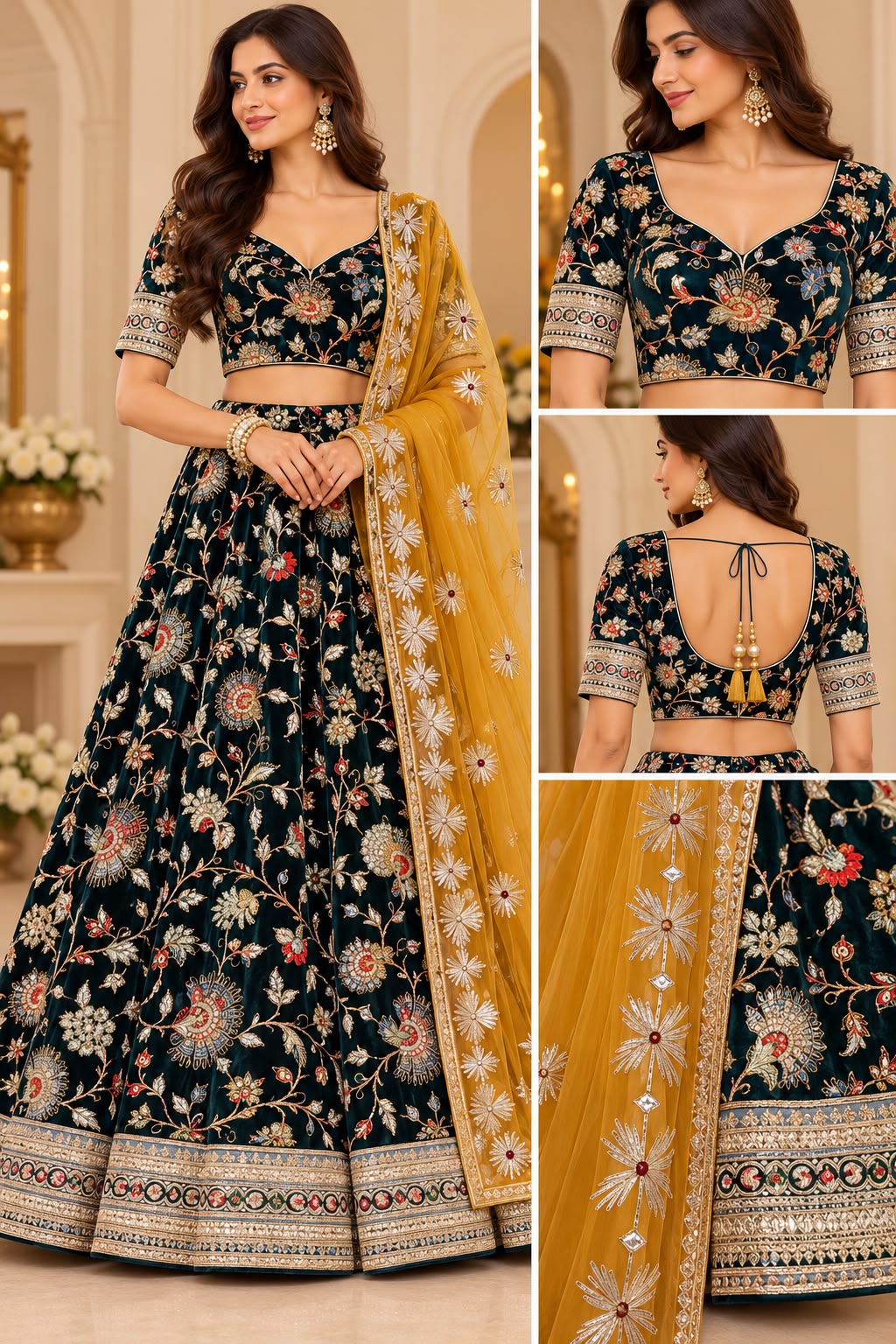 Dark Emerald Green Velvet Lehenga with Multicolor Floral Embroidery and Mustard Dupatta