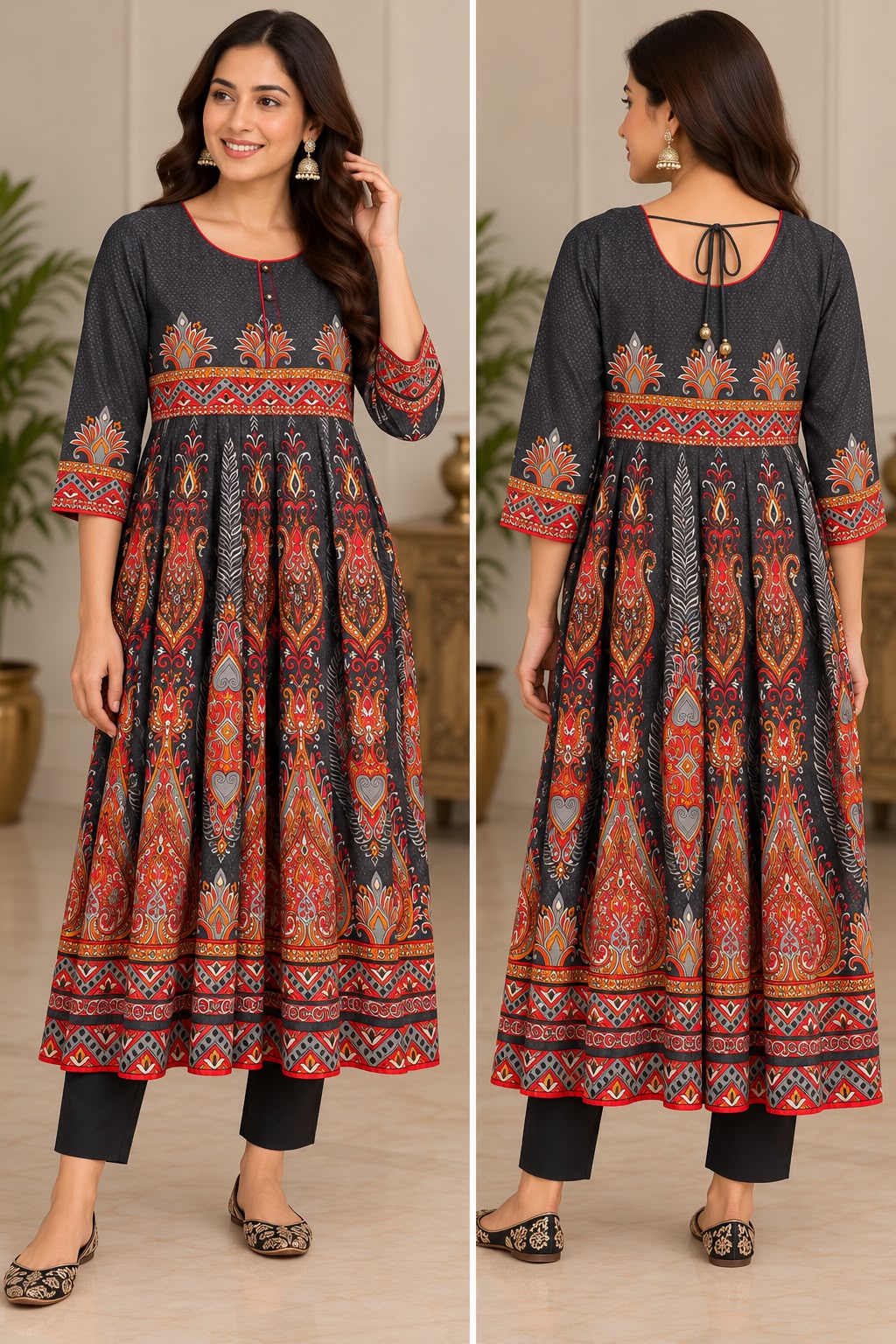 Elegant Charcoal Gray Printed Cotton Anarkali Kurti