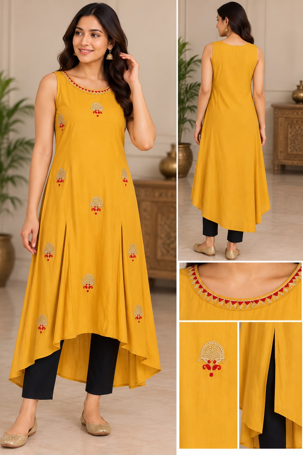 Beautiful Mustard Yellow Embroidered Cotton Kurti