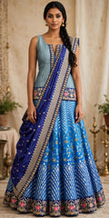 Blue Silk Lehenga with Long Brocade Choli
