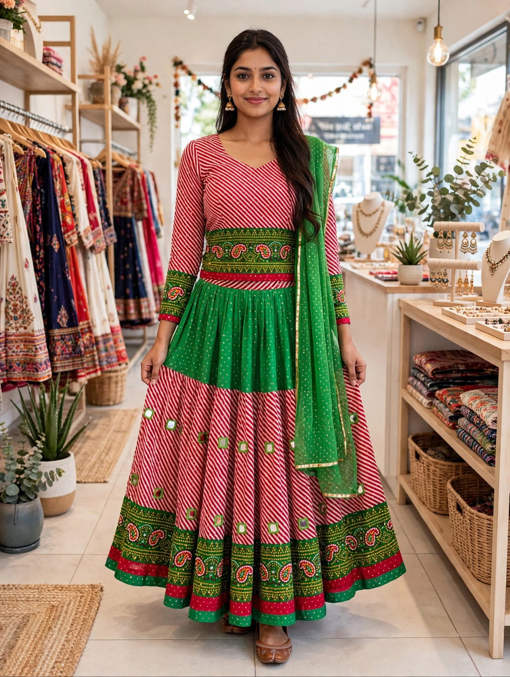 Beautiful Red &amp; Green Cotton Chaniya Choli