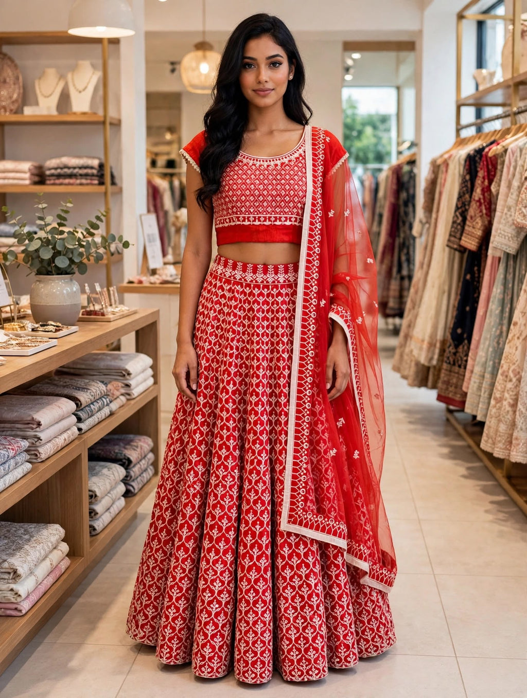Elegant Red Silk Embroidered Lehenga Choli