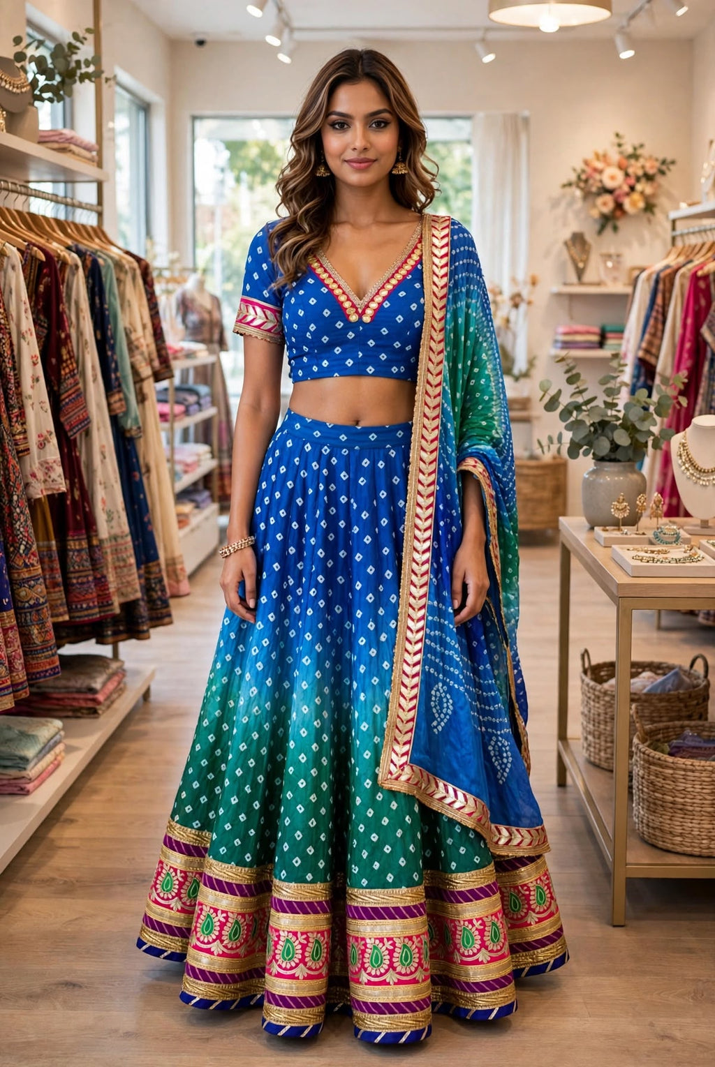 Beautiful Blue &amp; Green Silk Bandhani Lehenga Choli