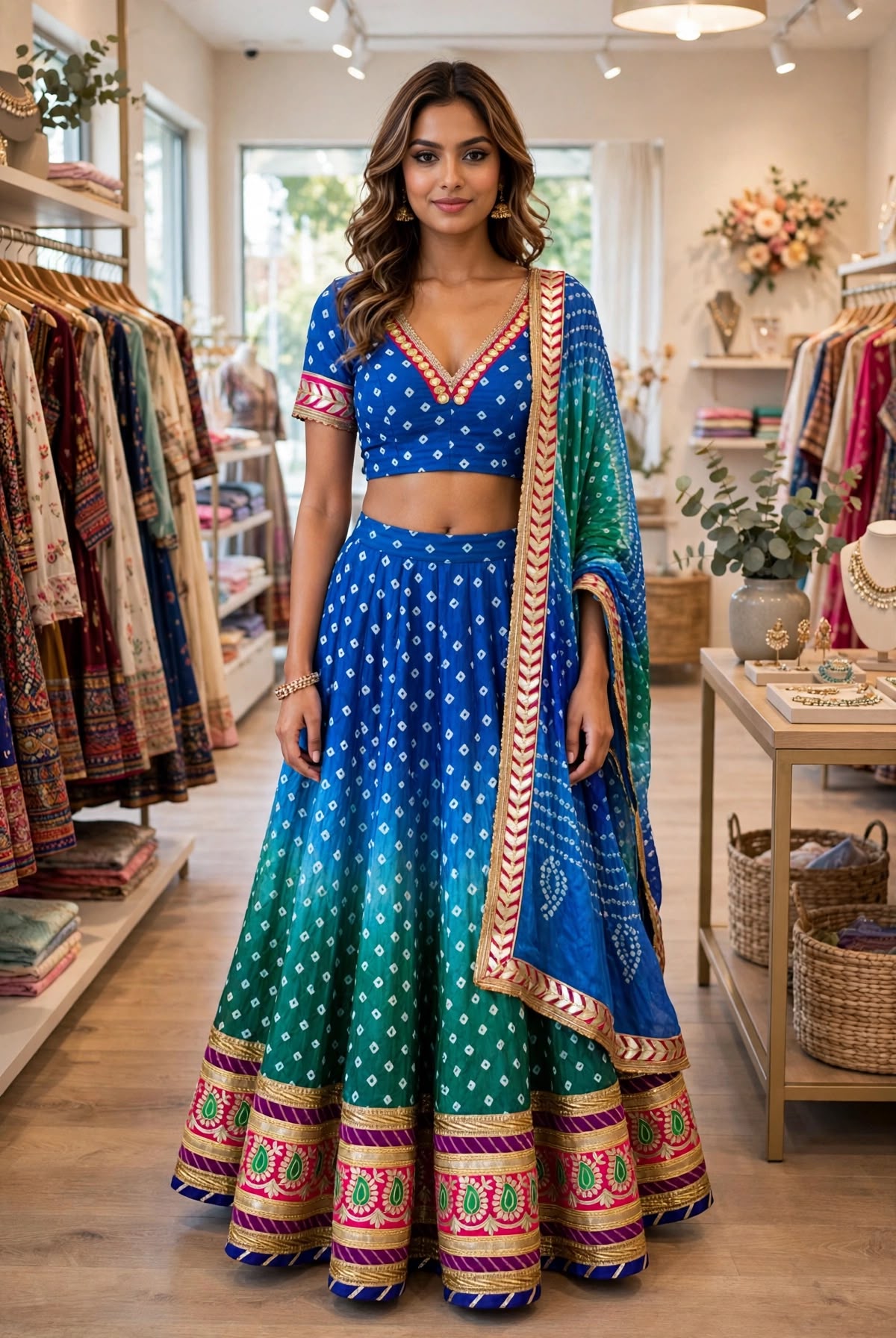 Beautiful Blue &amp; Green Silk Bandhani Lehenga Choli