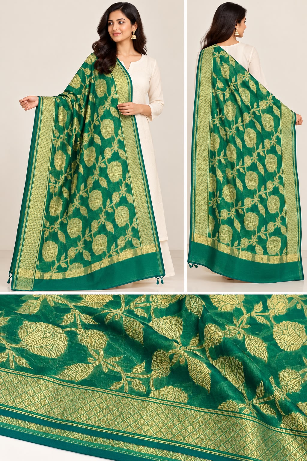 Elegant Emerald Green Banarasi-Style Dupatta with Gold Zari Work