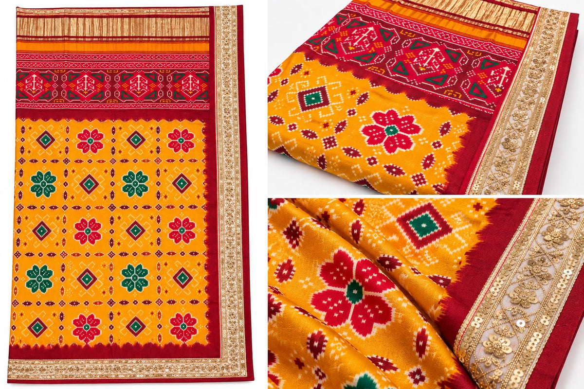 Mustard Yellow and Maroon Patola-Style Modal Silk Dupatta