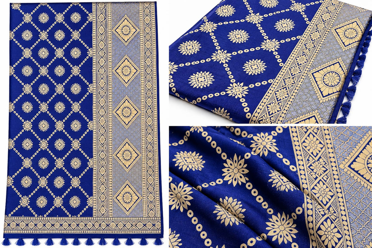 Royal Blue and Gold Silk Blend Dupatta