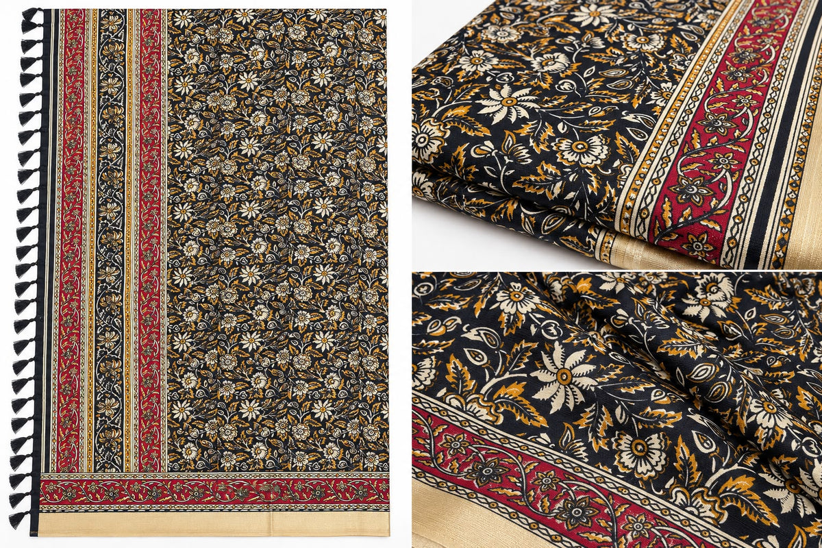 Elegant Black Silk Dupatta with Floral Print