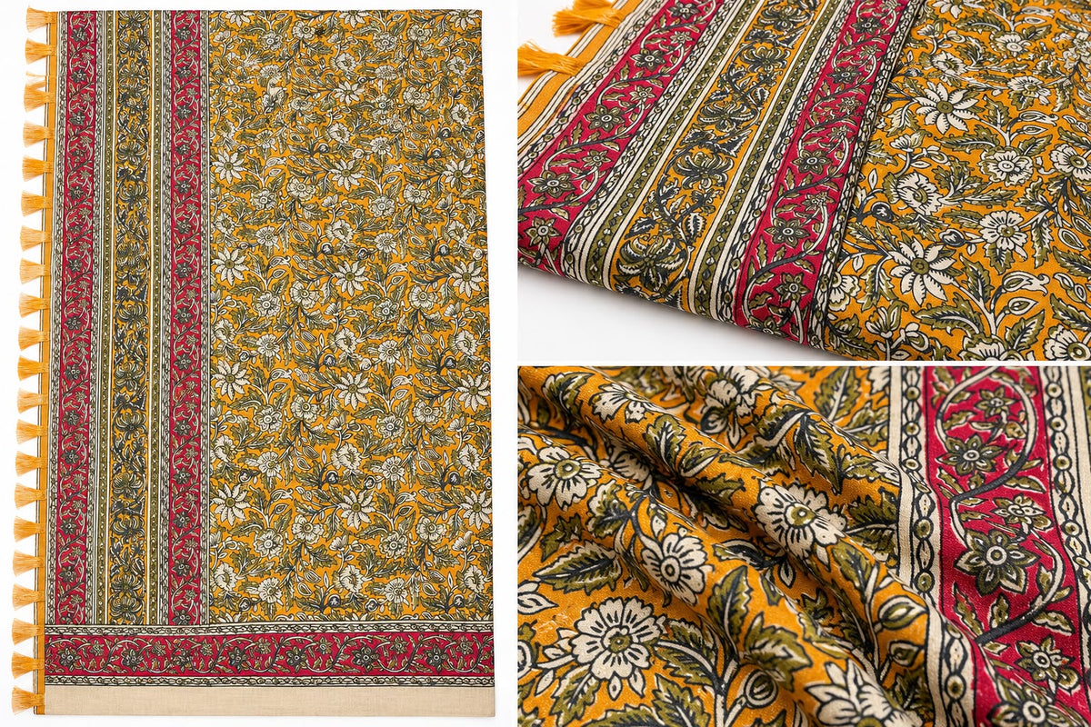 Mustard Yellow Floral Silk Dupatta with Maroon Border